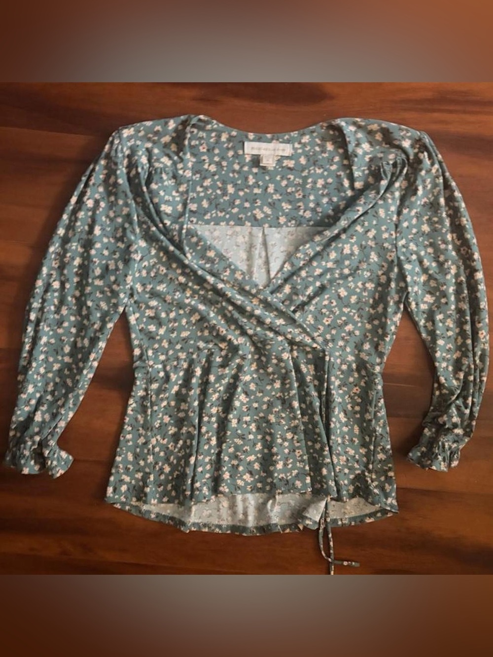 Monteau Teal Floral Wrap Peplum Top